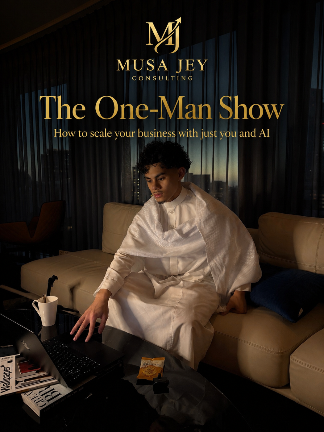 The One-Man Show — Musa Jey of Musa Jey Consulting in a white thobe, seated on a cream sofa, reaching toward a laptop in a warmly-lit room.